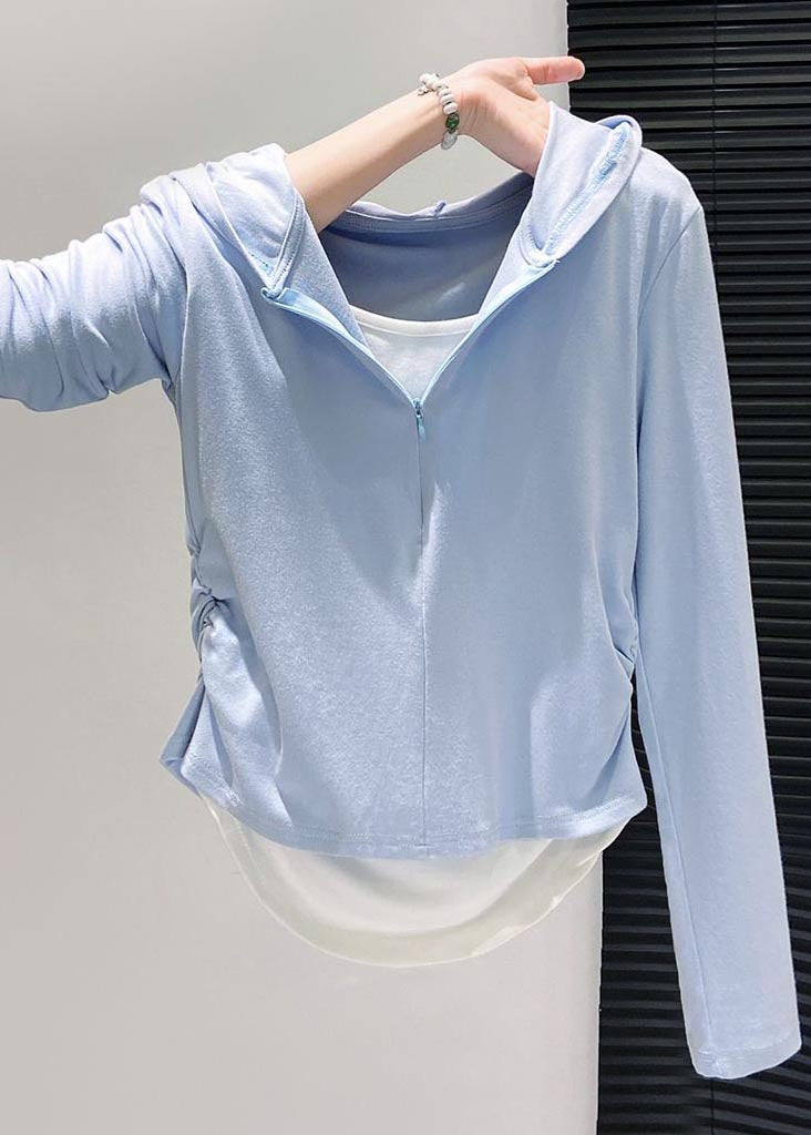 Style Sky Blue Hooded Patchwork Cotton Fake Two Piece Sweatshirt Streetwear Fall