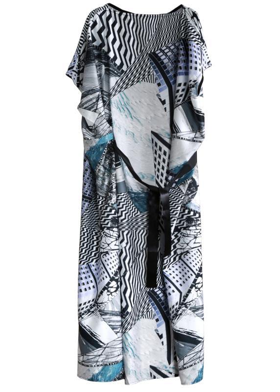 Style Slash neck asymmetric summer dress Catwalk gray print Dress - SooLinen