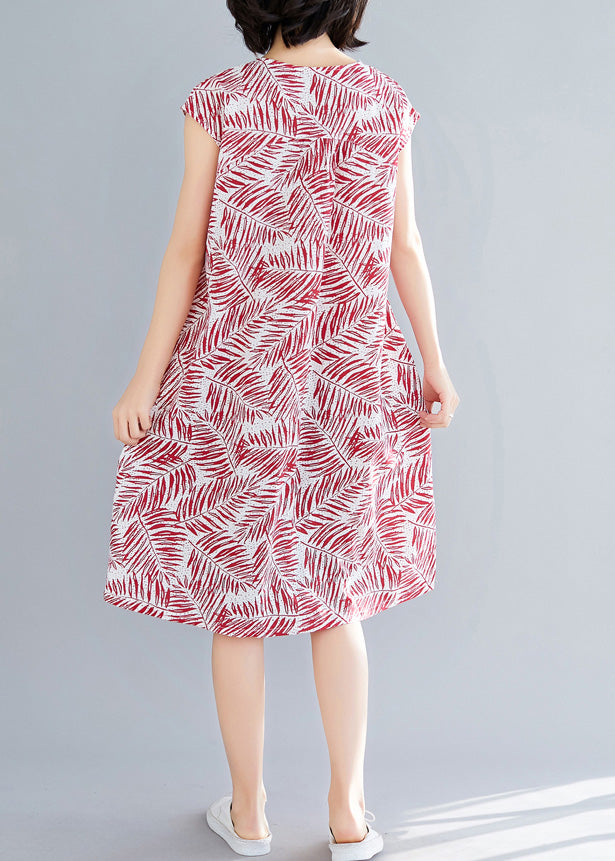 Stil Ärmellose Baumwollkleidung Boho Nähen roter Druck tägliche Kleider Sommer
