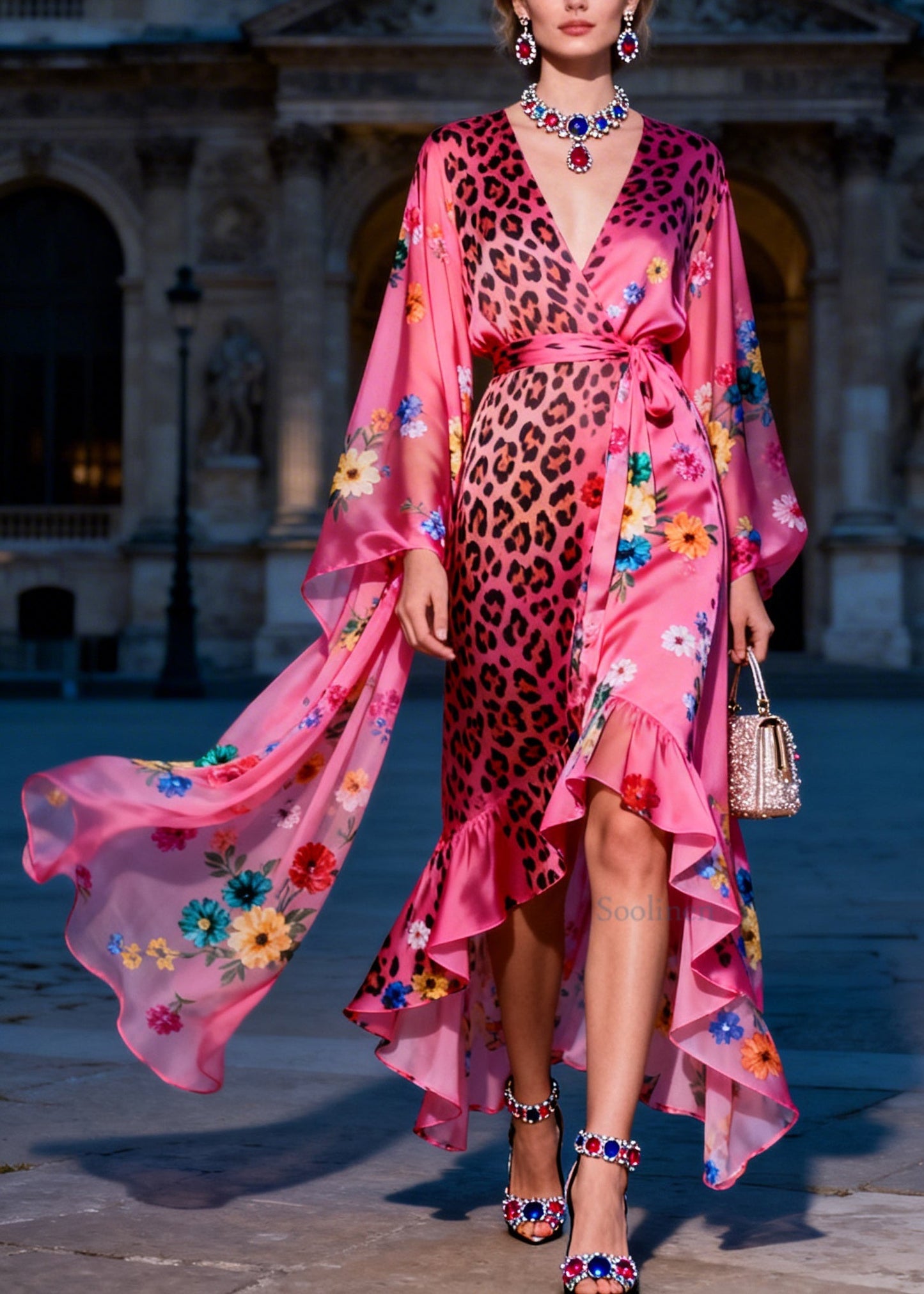 Style V Neck Ruffled Print Patchwork Silk Maxi Dresses Summer
