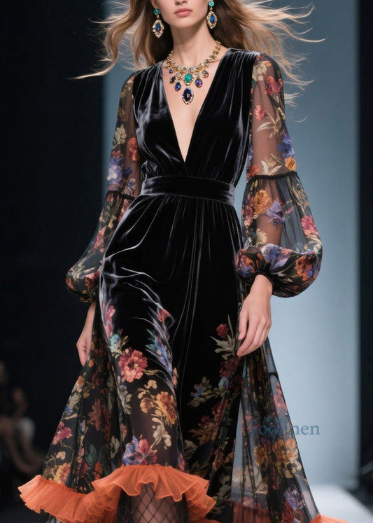 Vestidos de terciopelo con cuello en V, estampados, volantes y patchwork para primavera