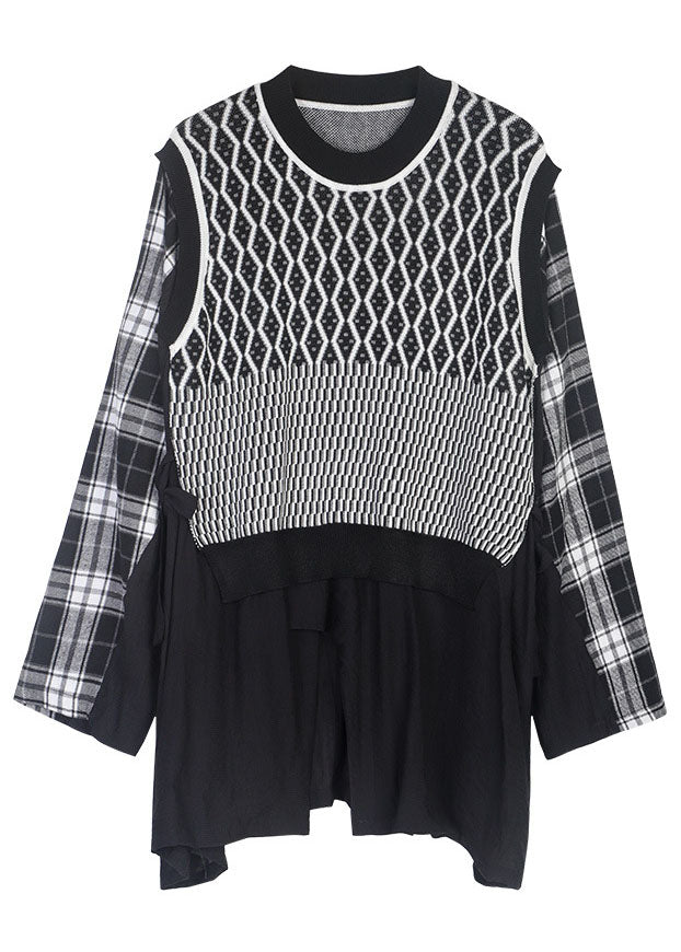 Stil Weiß Cinched Plaid Patchwork Strick Shirt Frühling