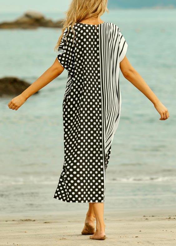 Style White Dot Floral V Neck Cotton Loose Beach Gown Mid Dress - SooLinen