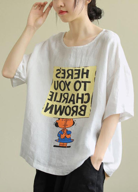 Stil Weißes lockeres T-Shirt mit O-Ausschnitt und halben Ärmeln