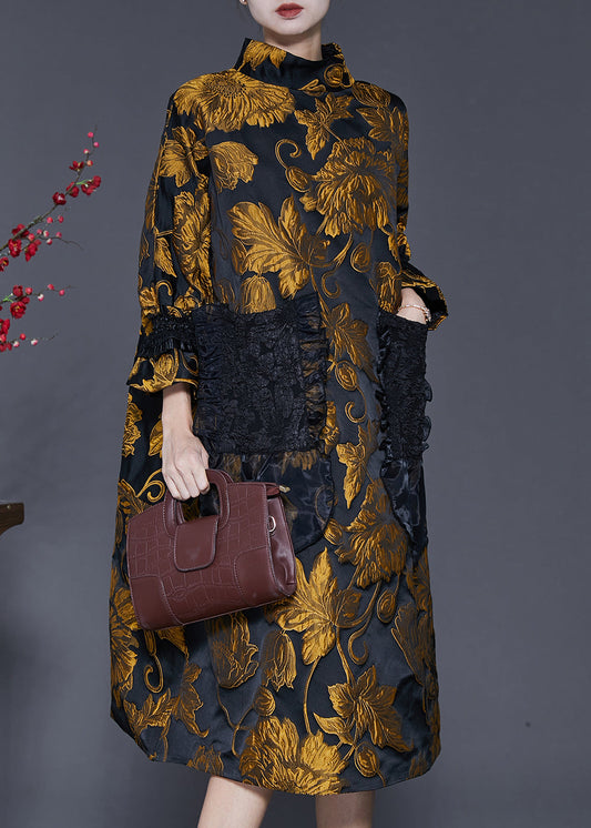 Stil Gelb Jacquard Patchwork Taschen Baumwolle Kleid Frühling