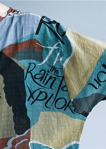 Style asymmetric prints cotton Shirts o neck summer Tops - SooLinen