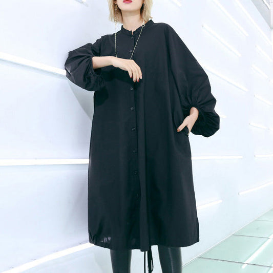 Stil schwarz Baumwolle Kleider Vintage Outfits Kordelzug Midi-Kleid