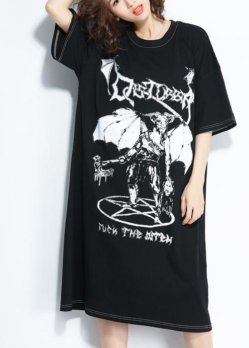 Stil schwarzer Druck Baumwolle Steppkleidung Plus Size Muster O-Ausschnitt Baumwolle Sommerkleider