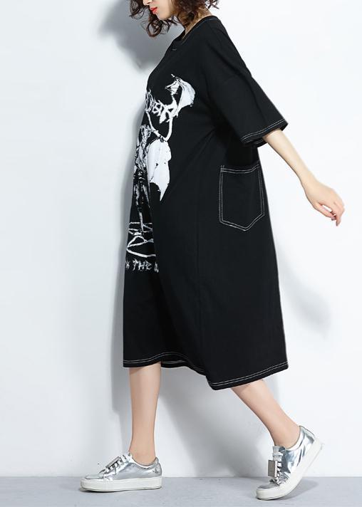 Stil schwarzer Druck Baumwolle Steppkleidung Plus Size Muster O-Ausschnitt Baumwolle Sommerkleider