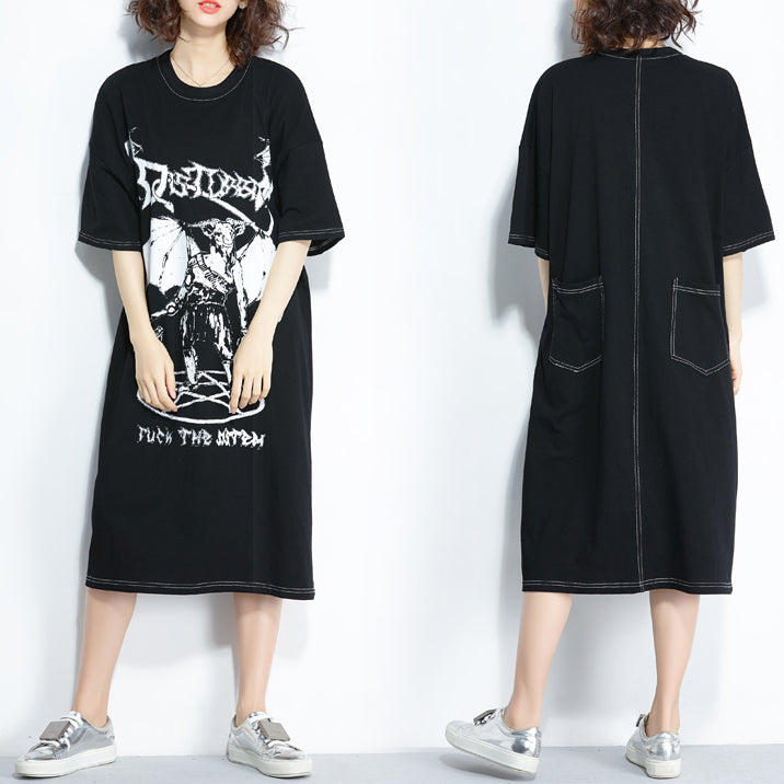 Stil schwarzer Druck Baumwolle Steppkleidung Plus Size Muster O-Ausschnitt Baumwolle Sommerkleider