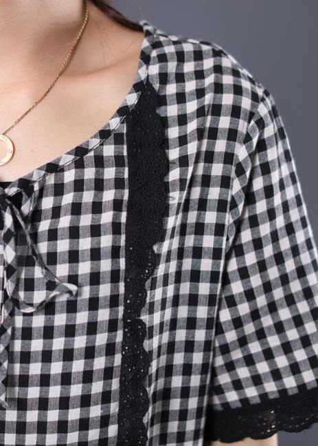 Style black white plaid cotton Tunic patchwork ruffles cotton summer Dress - SooLinen