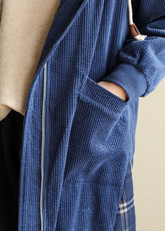 Style blue Fine Coats Women Neckline hooded patchwork outwears - SooLinen