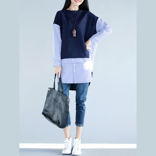 Stil blau baumwolle kleidung Für Frauen 2019 Arbeit Outfits seite offene baumwolle falsche zwei stücke top