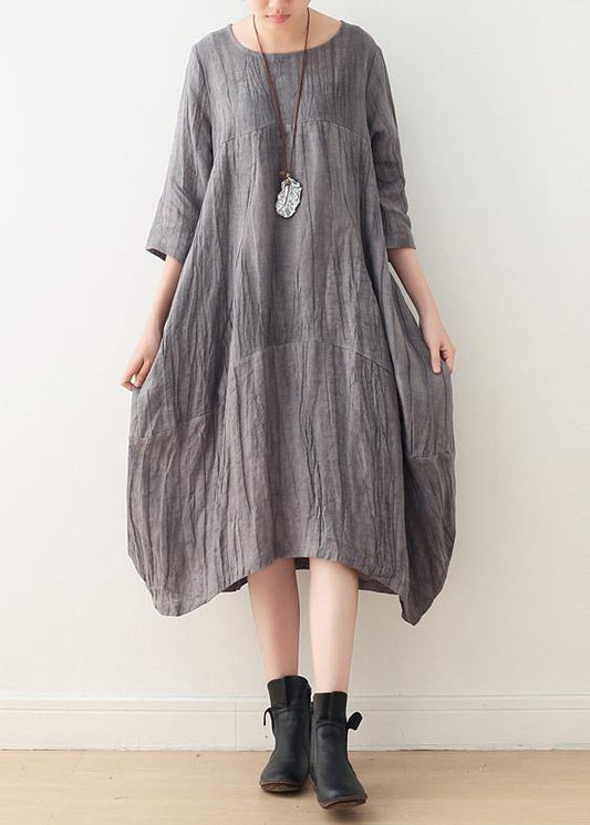 Style gray linen clothes For Women o neck asymmetric Plus Size Dress - SooLinen