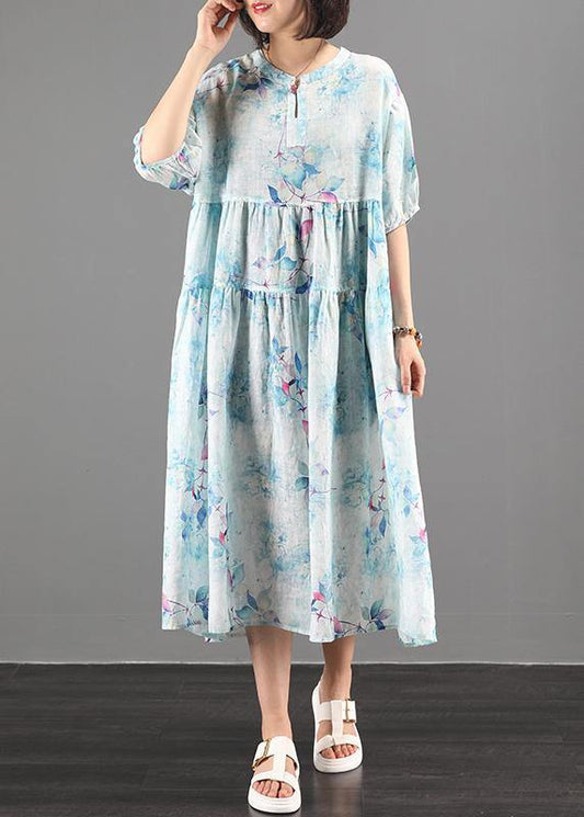 Style green print clothes Women o neck exra large hem A Line Dress - SooLinen