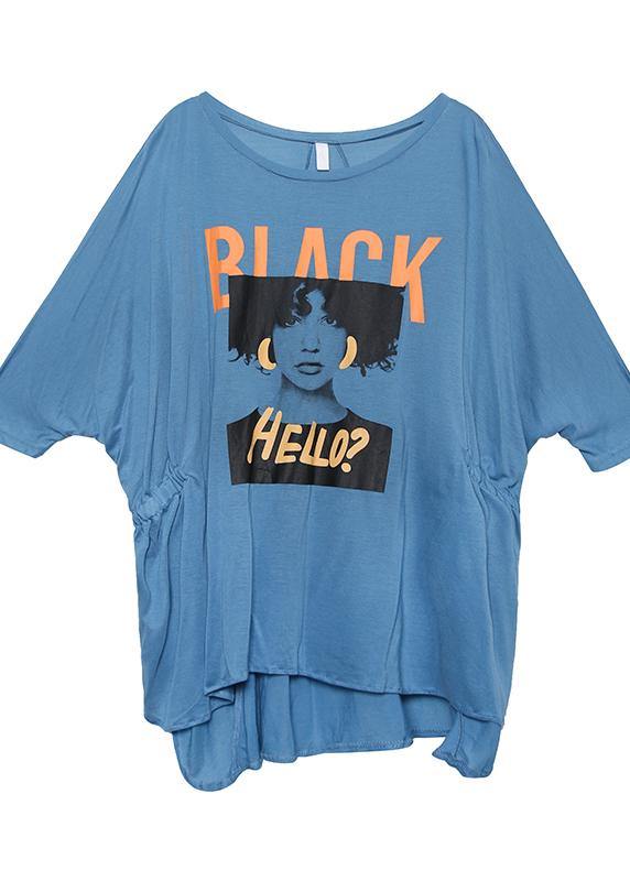 Style green print cotton box top o neck Cinched oversized summer top - SooLinen