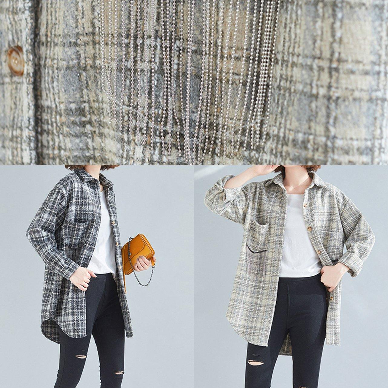 Style khaki plaid tunic pattern baggy spring tops - SooLinen