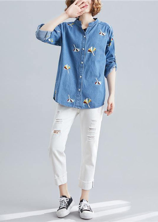 Style light blue cotton tunic pattern stand collar embroidery baggy spring tops - SooLinen