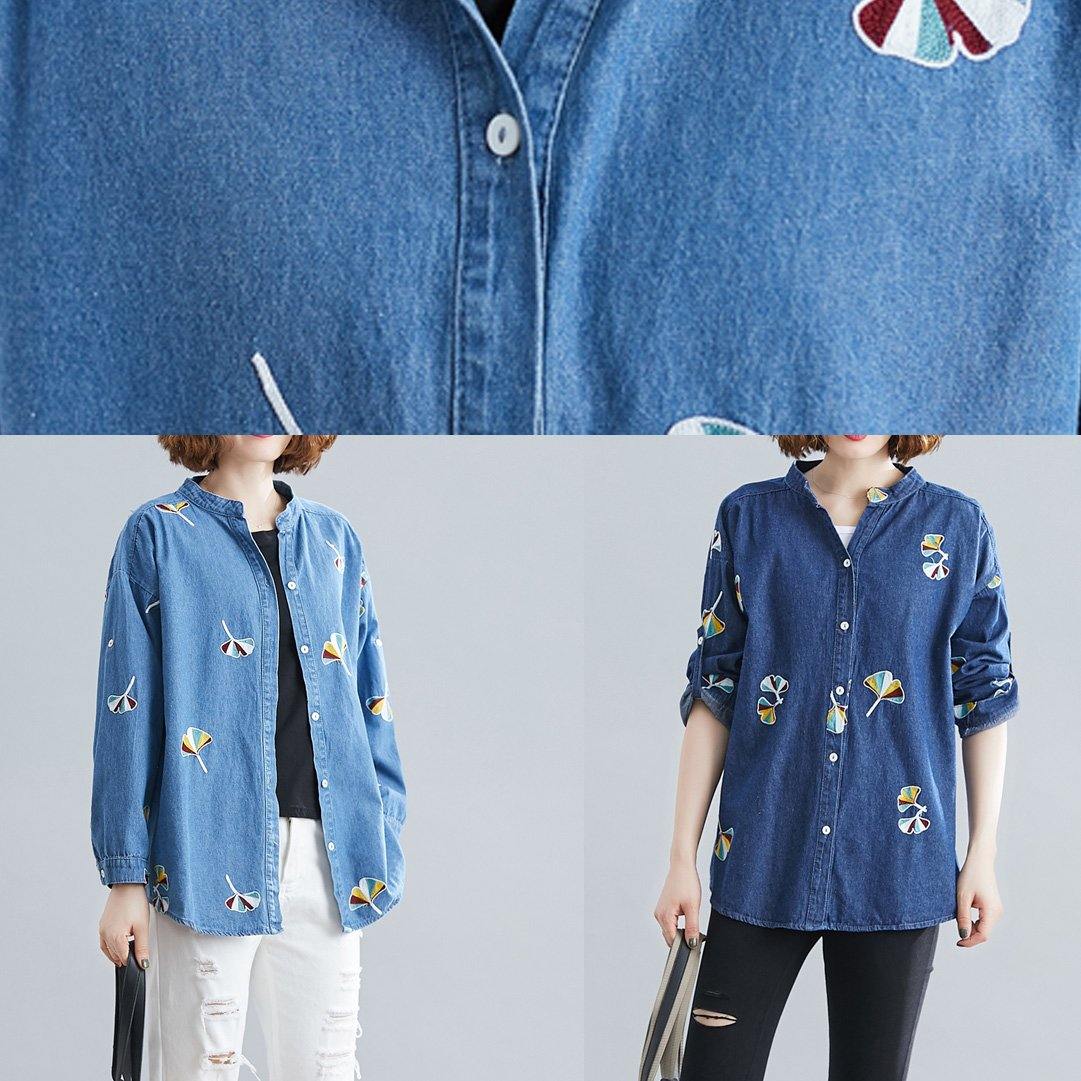 Style light blue cotton tunic pattern stand collar embroidery baggy spring tops - SooLinen