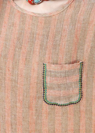 Style linen top silhouette Omychic Casual Linen Striped Short Sleeve Blouse - SooLinen