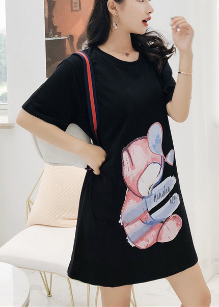 Stil Kurzarm Baumwolle Tunika Muster Stiche Nähen schwarz Druck Kleid Sommer