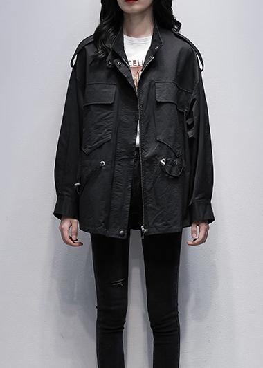 Style stand collar pockets tunic coat black print loose outwears - SooLinen