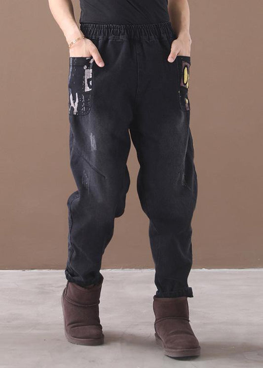 Style thick pants elastic waist black design Appliques women pants - SooLinen