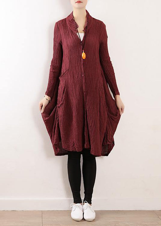 Style v neck asymmetric linen Robes Neckline burgundy Dress fall - SooLinen