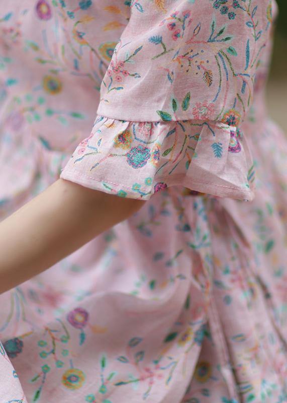 Style v neck tie waist linen Long Shirts Outfits pink print Dress - SooLinen