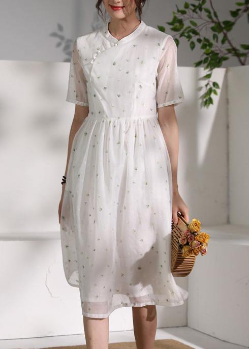 Style white clothes stand collar Cinched oversized Dress - SooLinen