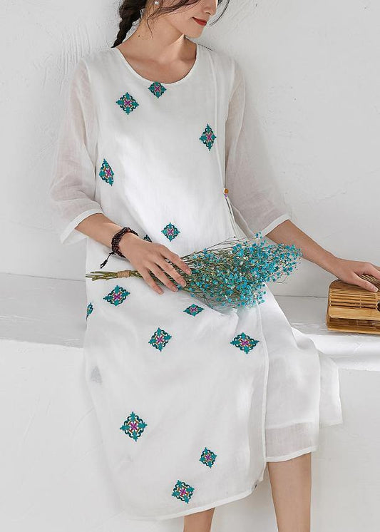 Style white prints linen clothes For Women bracelet sleeved Kaftan o neck Dresses - SooLinen
