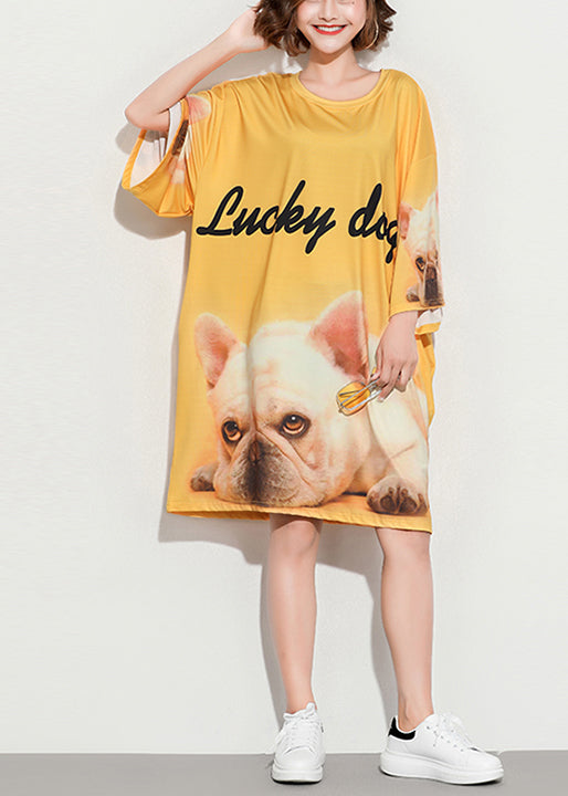 Stil gelber Druck Baumwolltunikamuster Übergröße Ärmel O-Ausschnitt Baggy Sommerkleid