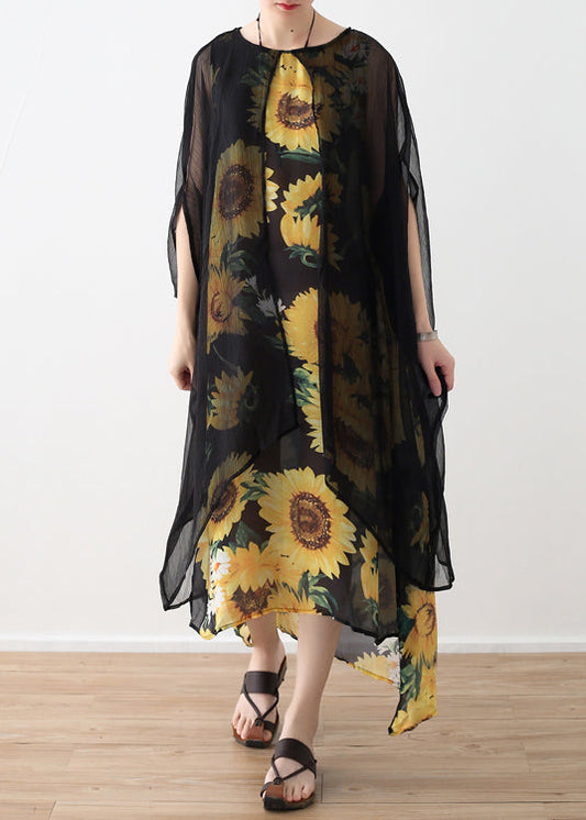 Style yellow print chiffon clothes Fashion Neckline o neck false two pieces Art Summer Dress