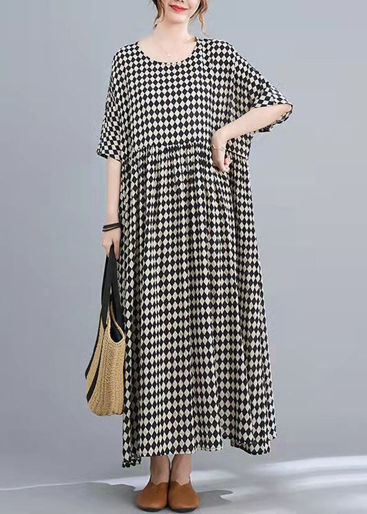 Stil O Hals Halbarm Baumwolle Leinen Kleider Khaki Print Lange Kleider Sommer