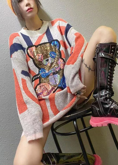 Stilvoller Apricot-O-Ausschnitt-Patchwork-Strickpullover für den Herbst