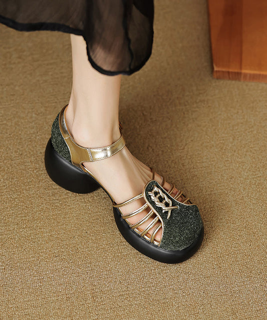 Stylish Apricot Hollow Out Splicing Chunky Heel Sandals