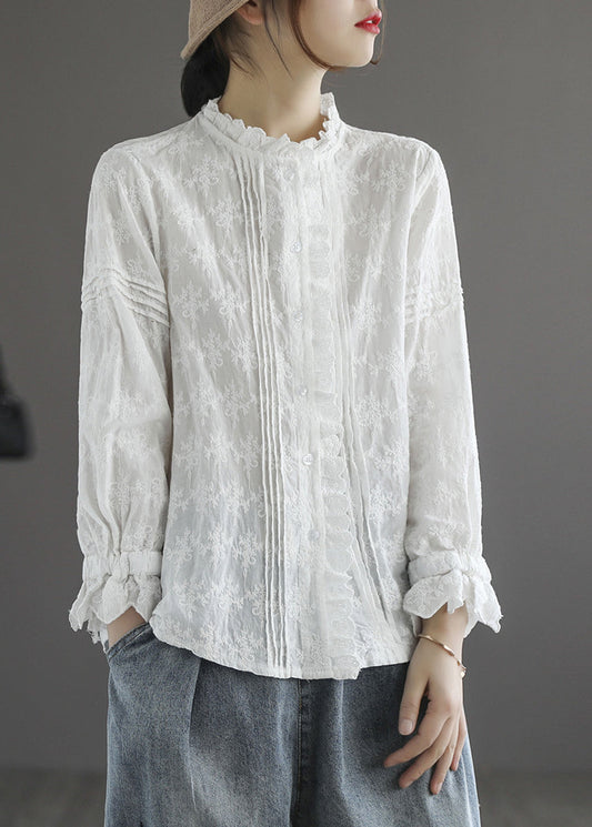 Stylish Apricot Ruffled Button Cotton Blouse Tops Long Sleeve
