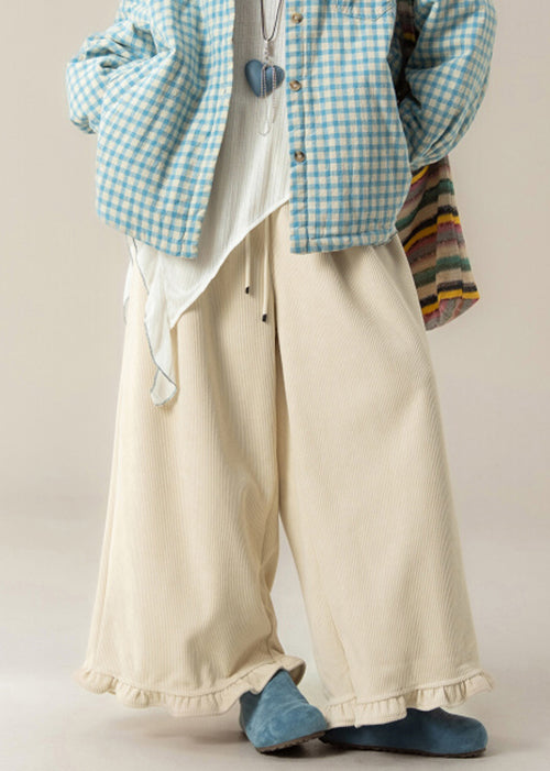 Elegante aprikosenfarbene Cordhose mit Rüschen, elastischem Bund und weitem Bein für den Winter