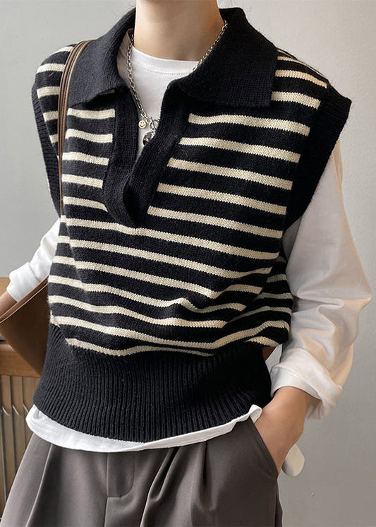 Stylish Apricot V Neck Striped Knit Vest Tops Sleeveless