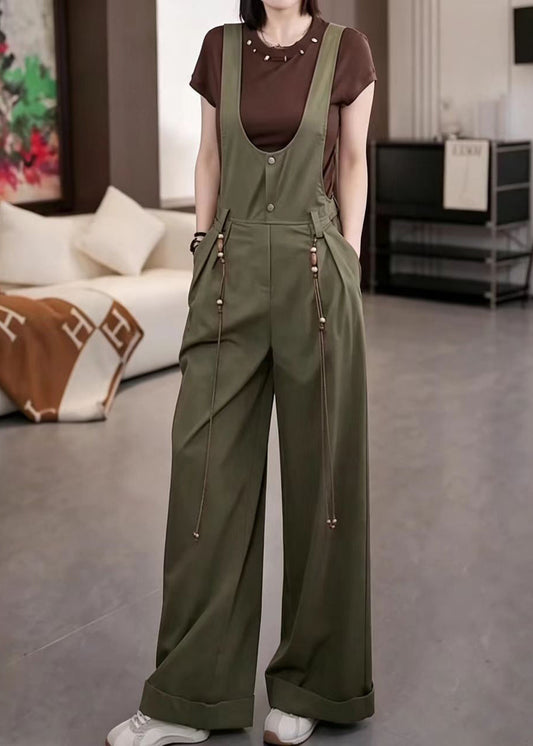 Stylish Army Green U Neck Pockets Overalls Jumpsuit Fall