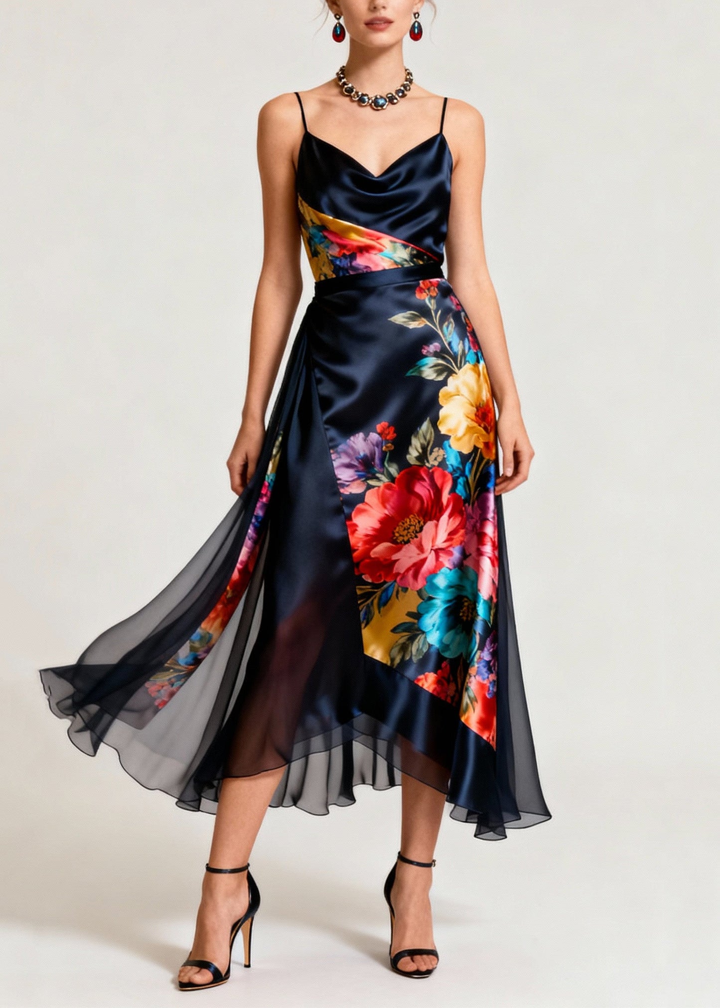 Stylish Asymmetrical Print Silk Spaghetti Strap Dresses Summer