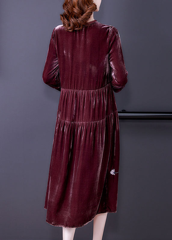 Stilvolle Bean paste rot V-ausschnitt Bestickt Velour Kleider Frühling
