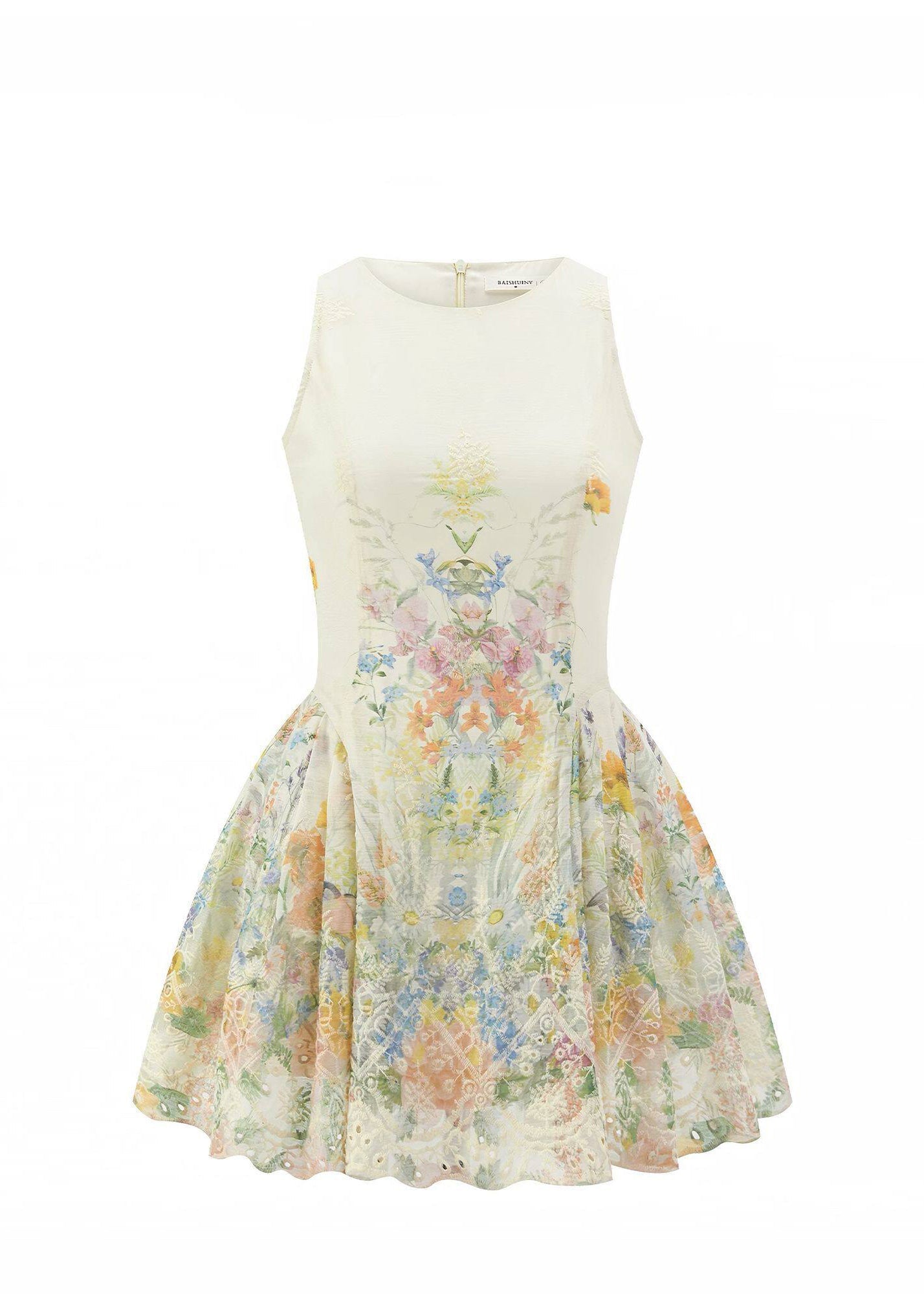 Stylish Beige O Neck Embroidered Cotton Mini Dresses Sleeveless