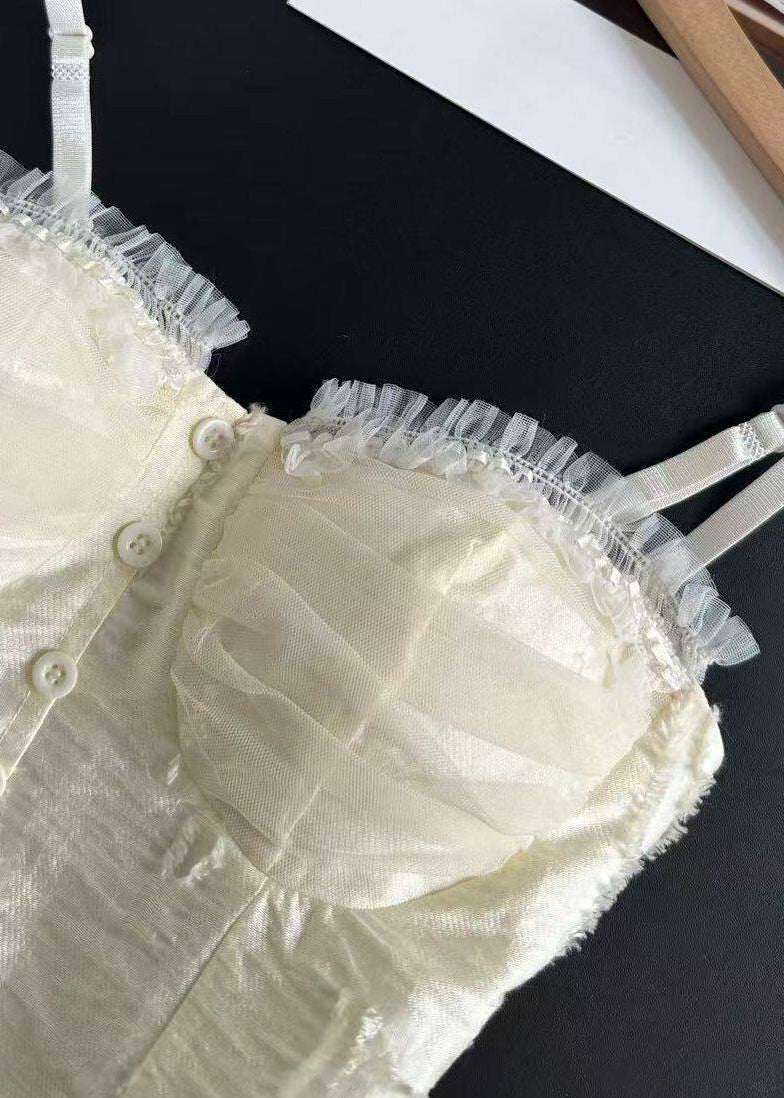 Stylish Beige Patchwork Lace Spaghetti Strap Tops Summer