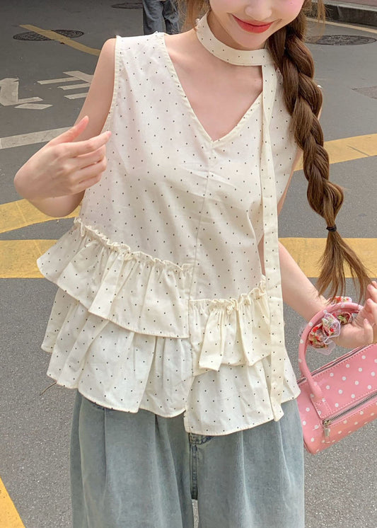 Elegante top de tirantes de algodón con estampado de volantes en beige sin mangas