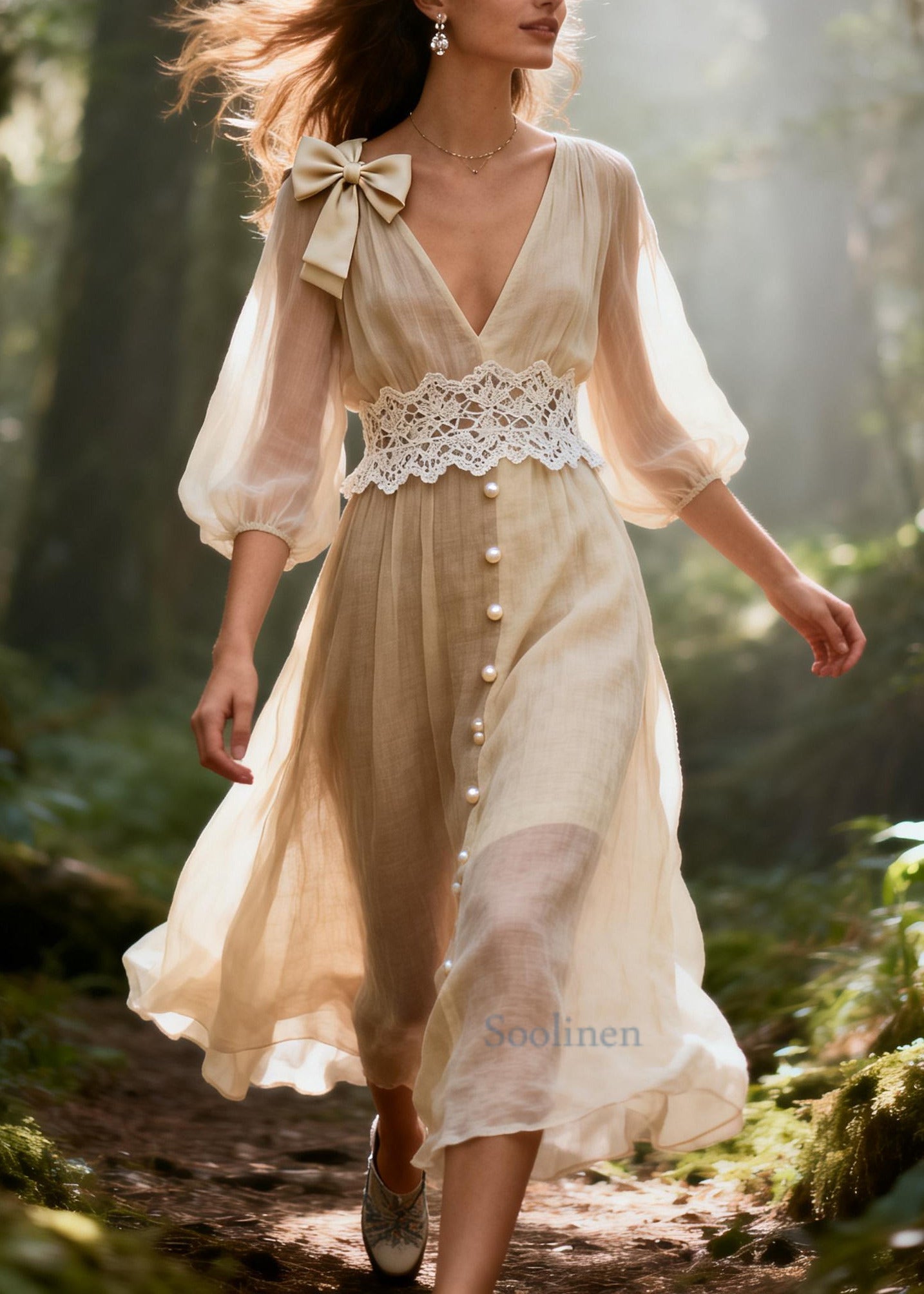 Stylish Beige V Neck Lace Patchwork Cotton Vacation Dresses Summer