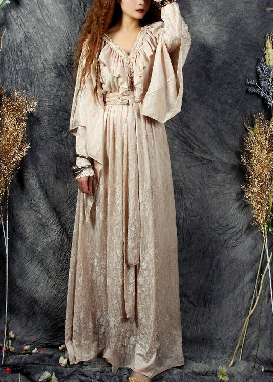 Stilvolle Beige V-Ausschnitt Rüschen Patchwork Seide Velour Cinch Kleid Frühling