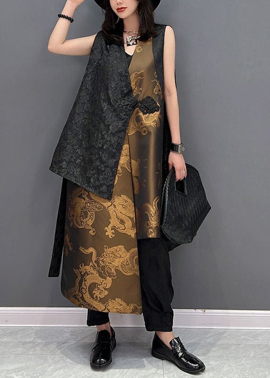 Stilvolle Schwarze Asymmetrische Patchwork Jacquard Seide Chinesischen Stil Westen Ärmellose