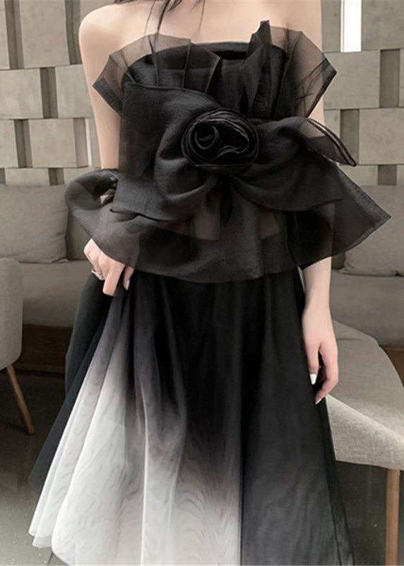 Stilvolles schwarzes asymmetrisches Patchwork-Tüll-Zweiteiler-Outfit für den Sommer