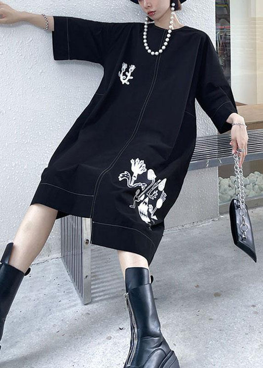 Stylish Black Embroideried Button Asymmetrical Design Fall Long sleeve Dresses - SooLinen